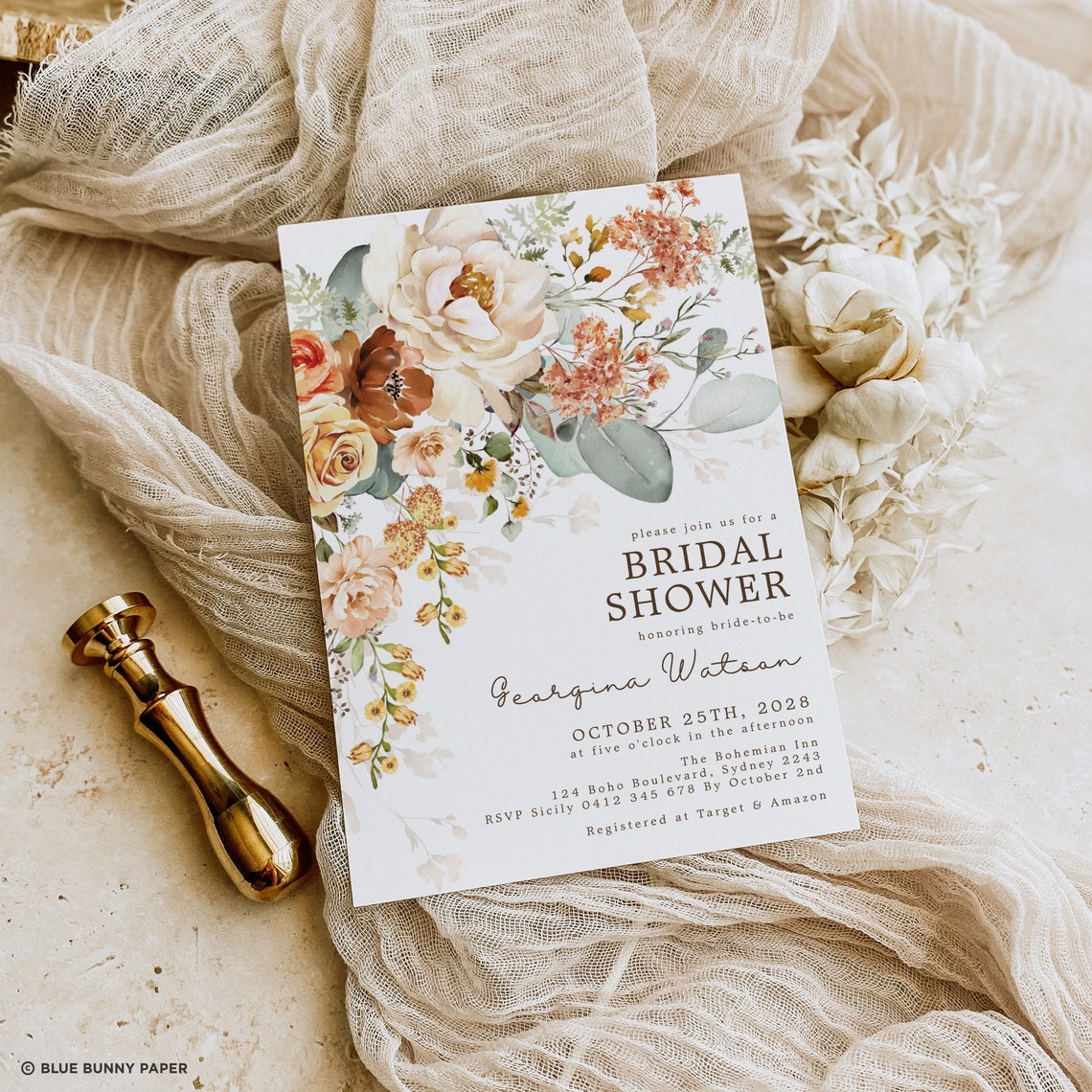 Rustic Boho Floral Bridal Shower Invitation Burnt Orange image 1