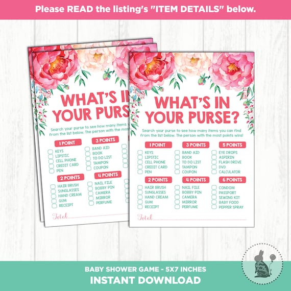 What's in Your Purse. Coral and Mint Floral Baby Shower Game. Vintage Flowers Baby Shower Activity. Whats in Your Purse Game. FLO6 Il_570xn