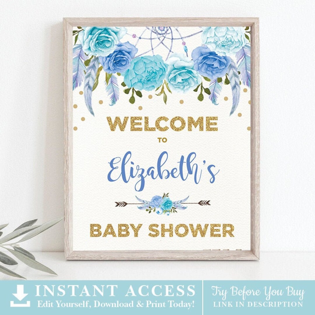 EDITABLE Blue Floral Baby Shower Welcome Sign. Boho Baby Boy Blue Gold ...