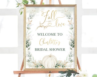 EDITABLE Fall Bridal Shower Welcome Sign Template, Pumpkin Wedding Shower Download, Greenery Gold  Eucalyptus Wreath Party Decorations, PUM4