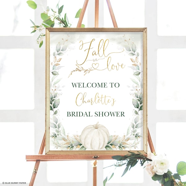 EDITABLE Fall Bridal Shower Welcome Sign Template, Pumpkin Wedding Shower Download, Greenery Gold  Eucalyptus Wreath Party Decorations, PUM4