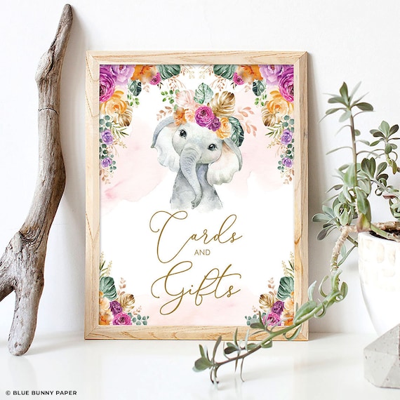 Boho Elephant Cards and Gifts Sign Tropical Floral Baby Shower