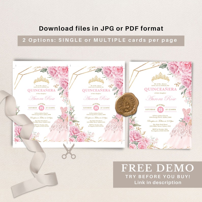 May include: Two printable Quincea&ntilde;era invitation cards with a pink and gold design. The cards feature a pink dress, flowers, and a gold crown. The text on the cards reads "Quincea&ntilde;era Aurora Rose".