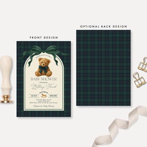 May include: Baby shower invitation with a teddy bear graphic. The front design features a teddy bear with a blue bow, the text "Baby Shower", and event details. The back design has a green and navy plaid pattern.