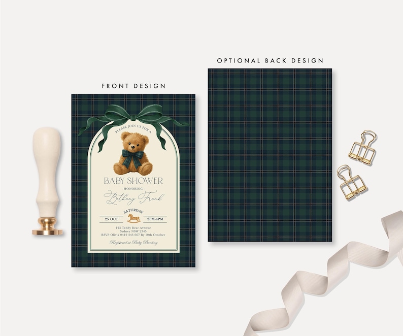 May include: Baby shower invitation with a teddy bear graphic. The front design features a teddy bear with a blue bow, the text "Baby Shower", and event details. The back design has a green and navy plaid pattern.