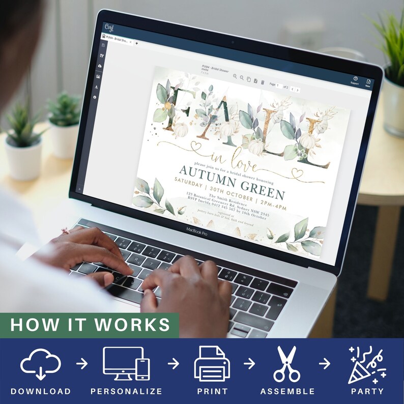 Puede incluir: Una invitaci&oacute;n digital para una despedida de soltera de oto&ntilde;o con un dise&ntilde;o de acuarela que presenta hojas de oto&ntilde;o, flores y calabazas. El texto dice "Fall in love" y "Autumn Green" con la fecha y la hora del evento.