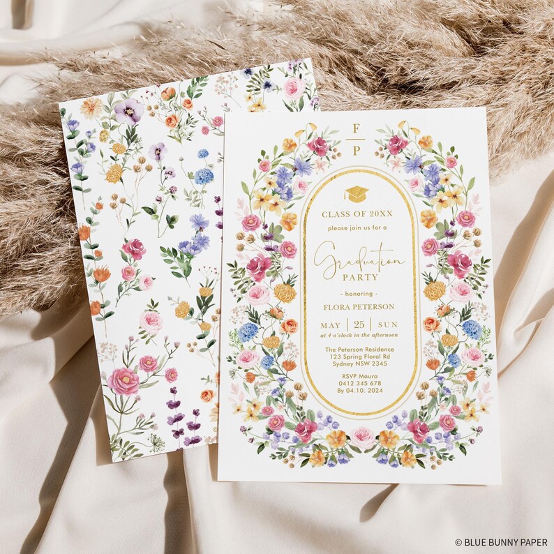 May include: Graduation party invitations with floral designs. One invitation features a floral wreath around the text, and the other has a floral pattern. The text includes the graduate's name, date, time, and location.