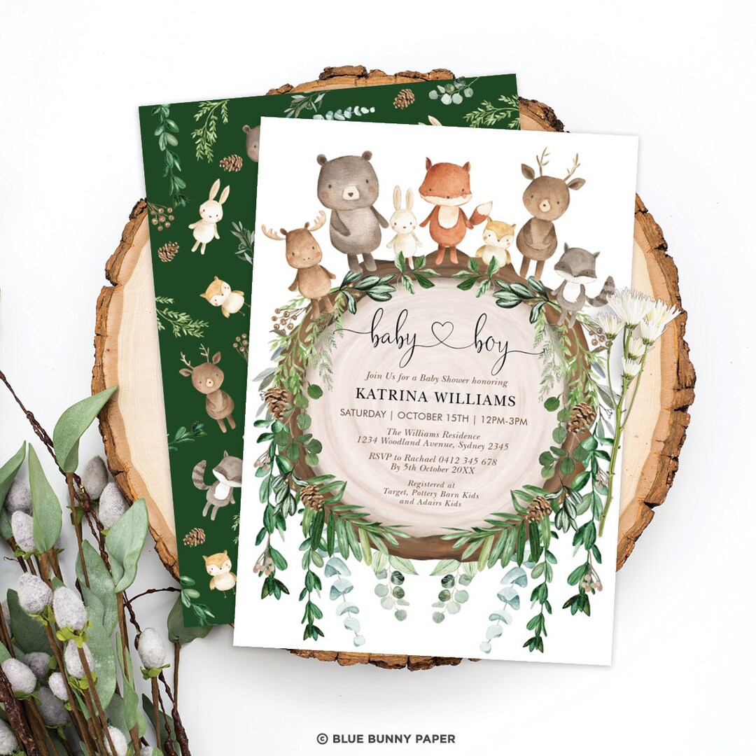Boy Woodland Baby Shower Invitation, Cute Forest Animals Invite, Rustic