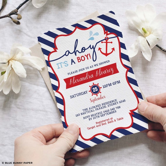Nautical Baby Shower Invitation, Navy Red Boy Baby Shower Digital Invite, Ahoy It's a Boy Anchor EDITABLE TEMPLATE, Instant Download, NAU1 Il_570xn