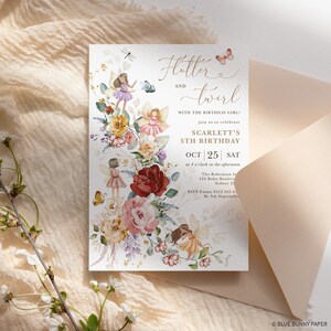 May include: A white invitation card with a floral design featuring fairies and butterflies. The text reads "Flutter and Twirl" with the words "Scarlett's 5th Birthday" in a gold font. The invitation is for a party on October 25th at 4 o'clock in the afternoon.