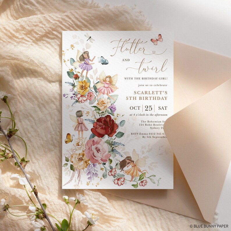 May include: A white invitation card with a floral design featuring fairies and butterflies. The text reads "Flutter and Twirl" with the words "Scarlett's 5th Birthday" in a gold font. The invitation is for a party on October 25th at 4 o'clock in the afternoon.