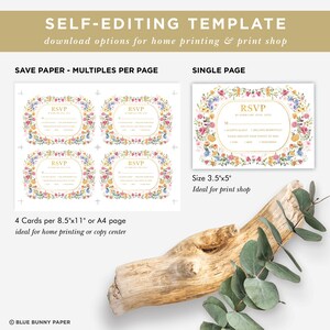 May include: A printable RSVP card template with a floral border. The card is white with gold text and a floral design. The text on the card says "RSVP" and includes a space for guests to indicate their attendance and meal choice. The card is available in two sizes: 3.5 inches by 5 inches and 8.5 inches by 11 inches.