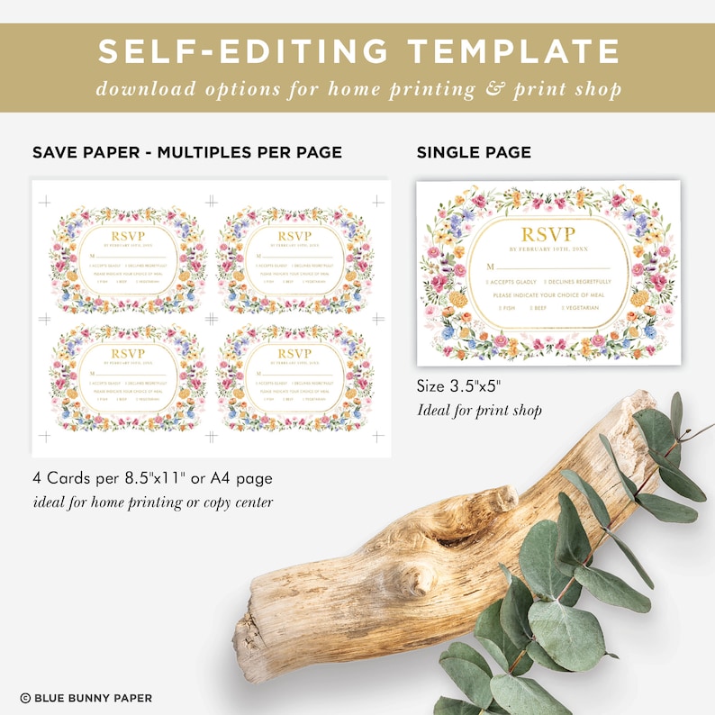 May include: A printable RSVP card template with a floral border. The card is white with gold text and a floral design. The text on the card says "RSVP" and includes a space for guests to indicate their attendance and meal choice. The card is available in two sizes: 3.5 inches by 5 inches and 8.5 inches by 11 inches.