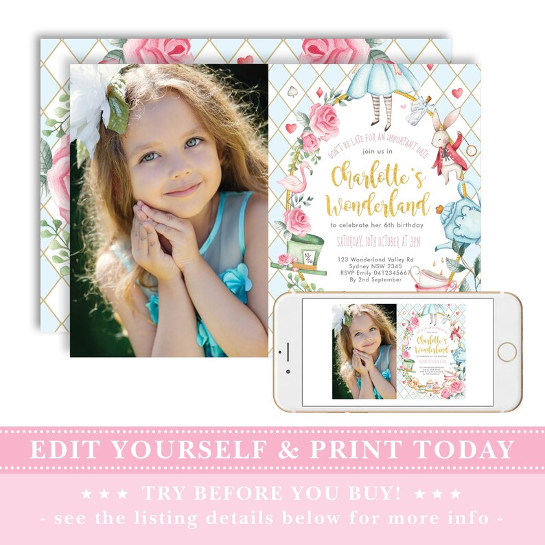 May include: Alice in Wonderland themed birthday invitation with a blue and white chequered background, pink roses, and a gold inscription that reads "Don't be late for an important date, join us in Charlotte's Wonderland to celebrate her 6th birthday".