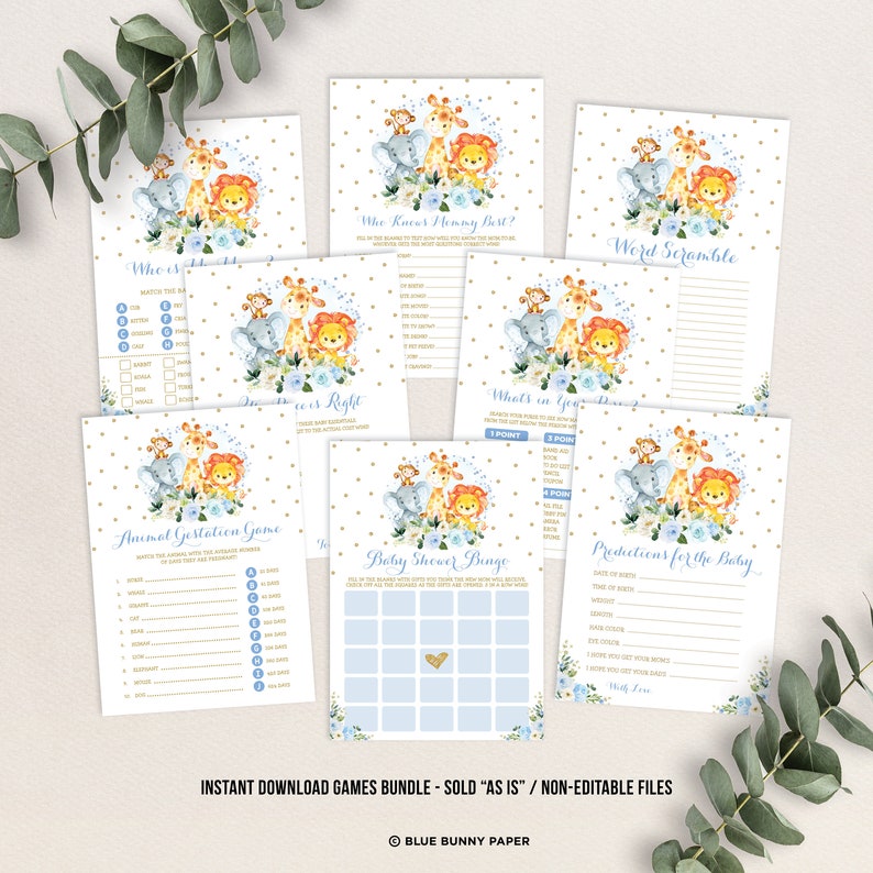 Blue Floral Safari Baby Shower GAMES BUNDLE. 8x Wild Jungle Animals Printable Games. Blue and Gold Instant Download. JUN10 image 1