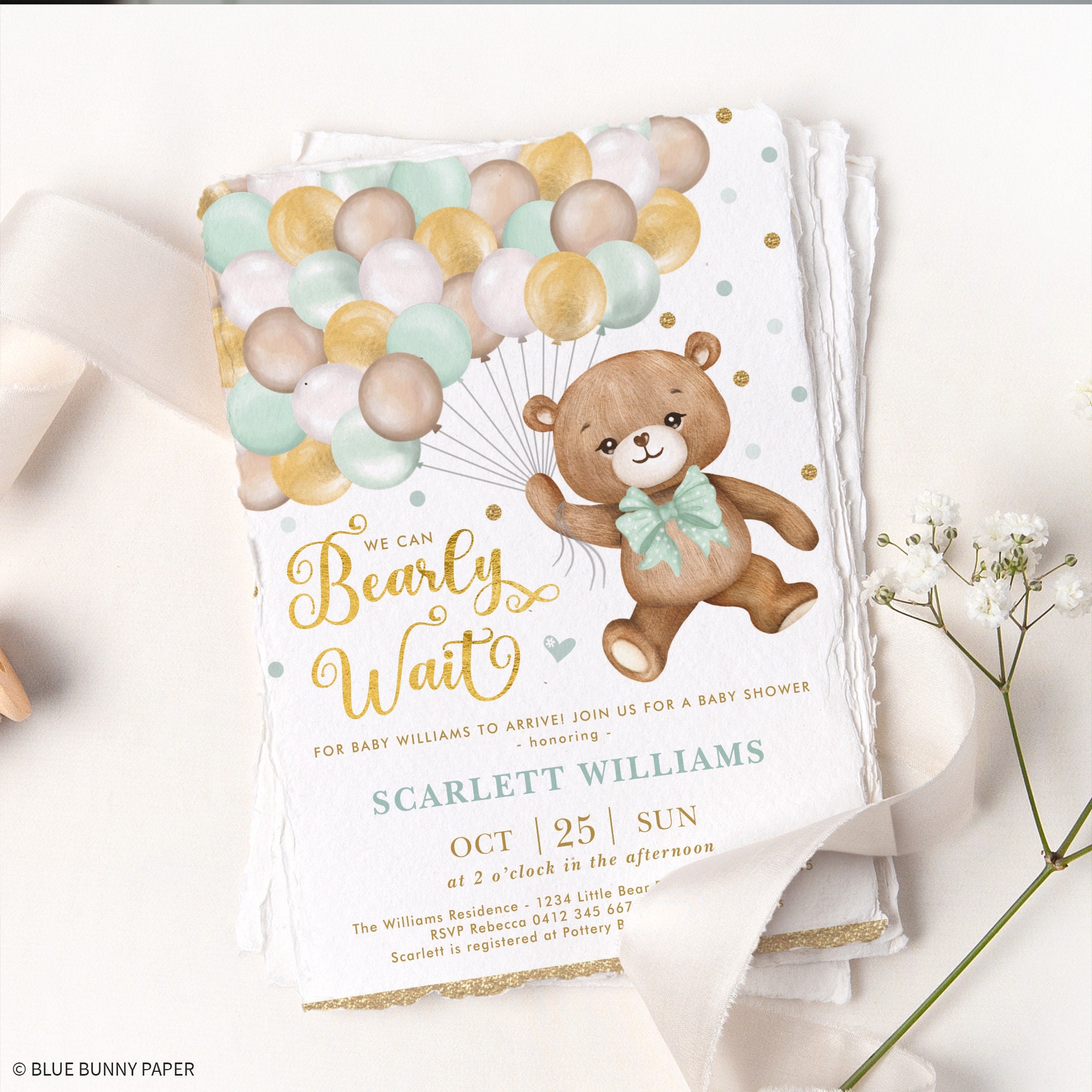 Gender Neutral Teddy Bear Baby Shower Invitations, Green Balloon