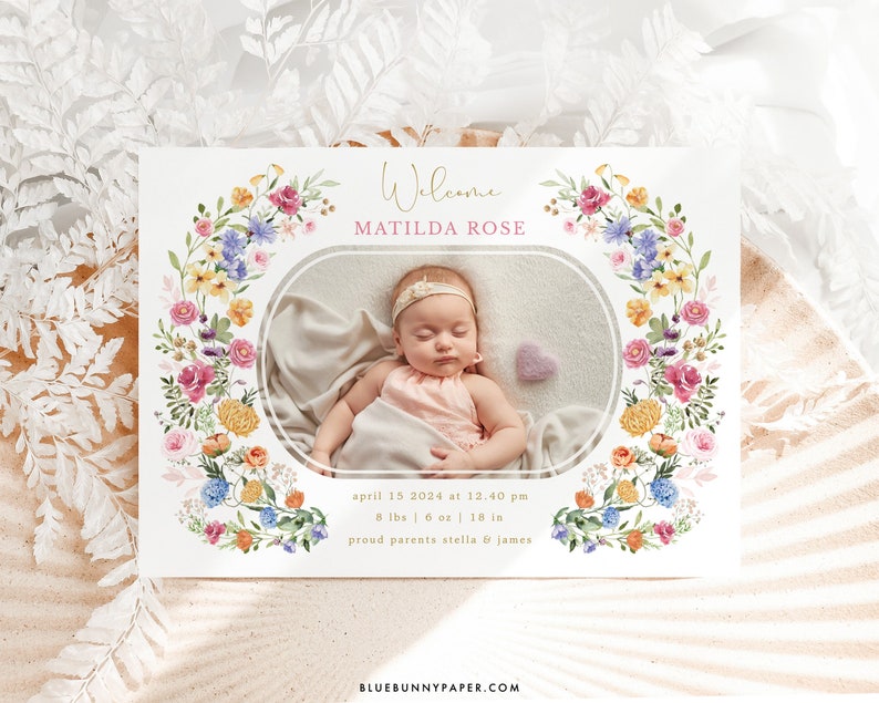 Colorful Wildflower Birth Announcement Spring Floral Garden Photo Card EDITABLE TEMPLATE Newborn Baby Girl Instant Download FLO2 image 1