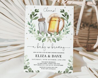 A Baby is Brewing Invitation, Bottles and Beers Baby Shower Invite, Greenery Coed Couples Printable Editable Template Corjl Download, OKT1