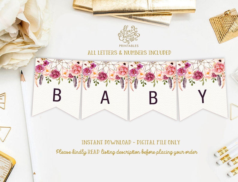 Rustic Floral Baby Shower Printable Banner. Wild One Birthday Party Decoration. Boho Pennant Flags Bunting. ALL LETTERS & NUMBERS. FLO13 image 1