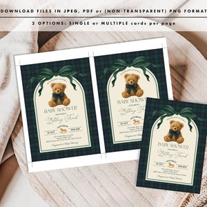 May include: Baby shower invitations featuring a teddy bear design. The invitations have a dark green plaid background with a cream-colored arch. The teddy bear is wearing a blue bow tie. The text reads "Baby Shower" and the name "Bethany Frank".