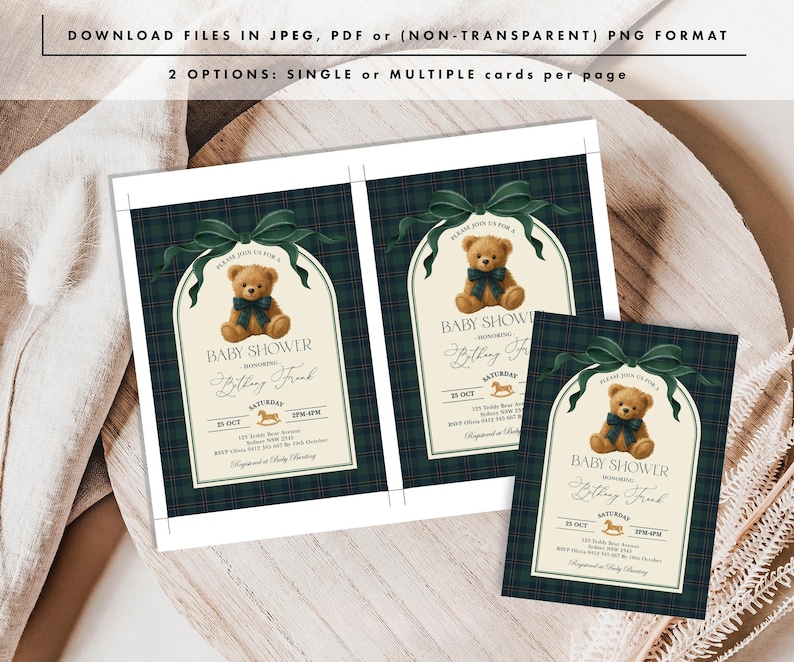 May include: Baby shower invitations featuring a teddy bear design. The invitations have a dark green plaid background with a cream-colored arch. The teddy bear is wearing a blue bow tie. The text reads "Baby Shower" and the name "Bethany Frank".