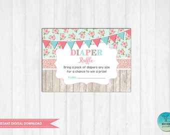 Vintage Diaper Raffle Ticket Printable. INSTANT Download. Floral Baby Shower Invitation Insert Card. Vintage Shower Enclosure Card SC1