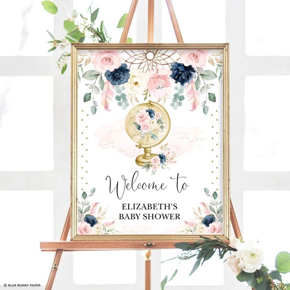 EDITABLE Travel Baby Shower Welcome Sign, Blush Navy Flower Adventure ...