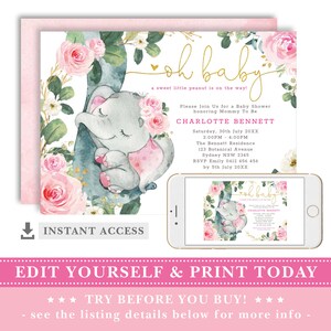 Op de afbeelding: Een roze en groene babyborrel uitnodiging met een schattig grijs olifantje dat een roze bloem vasthoudt. De uitnodiging zegt "Oh Baby!" en heeft de tekst "Please Join Us for a Baby Shower honoring Mommy To Be Charlotte Bennett" en bevat de datum, tijd en locatie van het evenement.