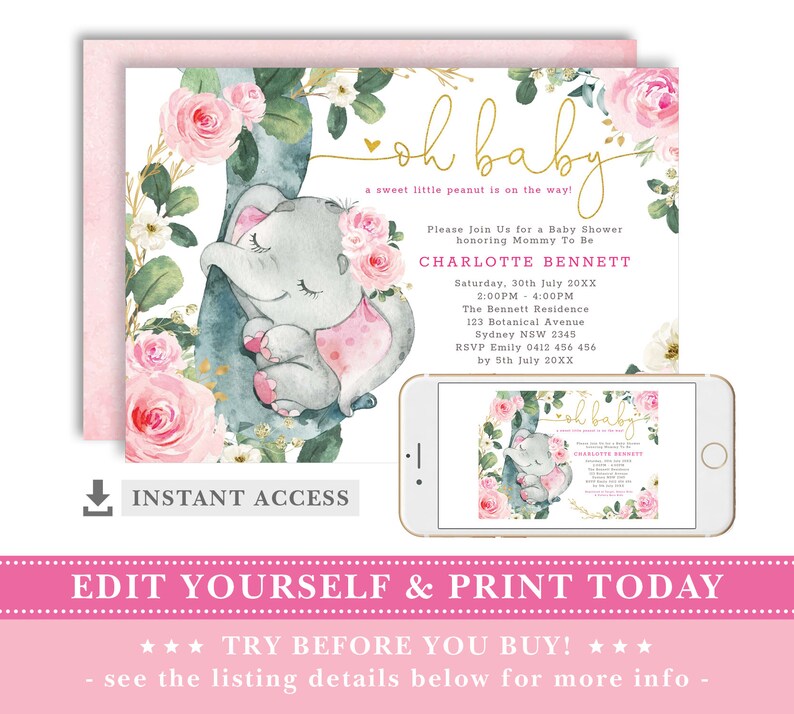 Op de afbeelding: Een roze en groene babyborrel uitnodiging met een schattig grijs olifantje dat een roze bloem vasthoudt. De uitnodiging zegt "Oh Baby!" en heeft de tekst "Please Join Us for a Baby Shower honoring Mommy To Be Charlotte Bennett" en bevat de datum, tijd en locatie van het evenement.