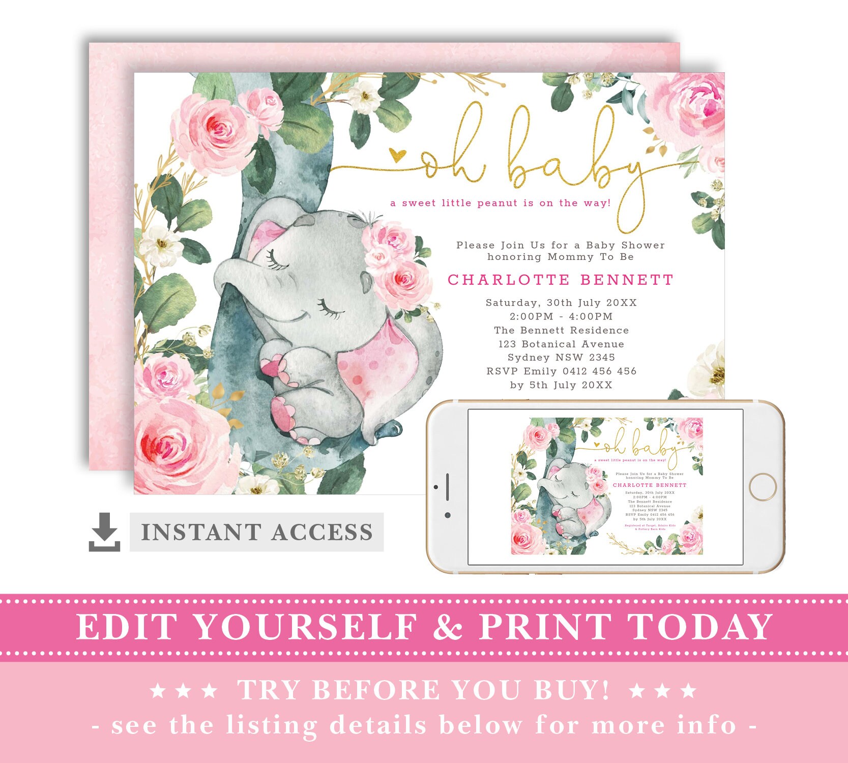 Girl Elephant Baby Shower Invitation Template. Hot Pink Blush Floral ...