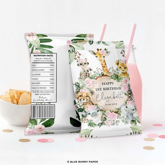 Girl Wild One Safari Birthday Chip Bag, Jungle Animals Party Favors, Blush Pink Flower Baby Shower Editable Template INSTANT DOWNLOAD, JUN16 Il_570xn