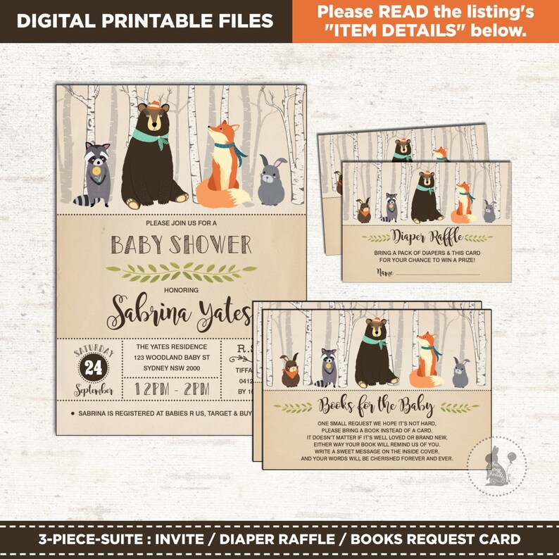 WOOD8 Woodland Baby Shower Invitation Diaper Raffle Bring a Book Insert Card Retro Forest Friends Baby Shower Package 3-PIECE-SUITE