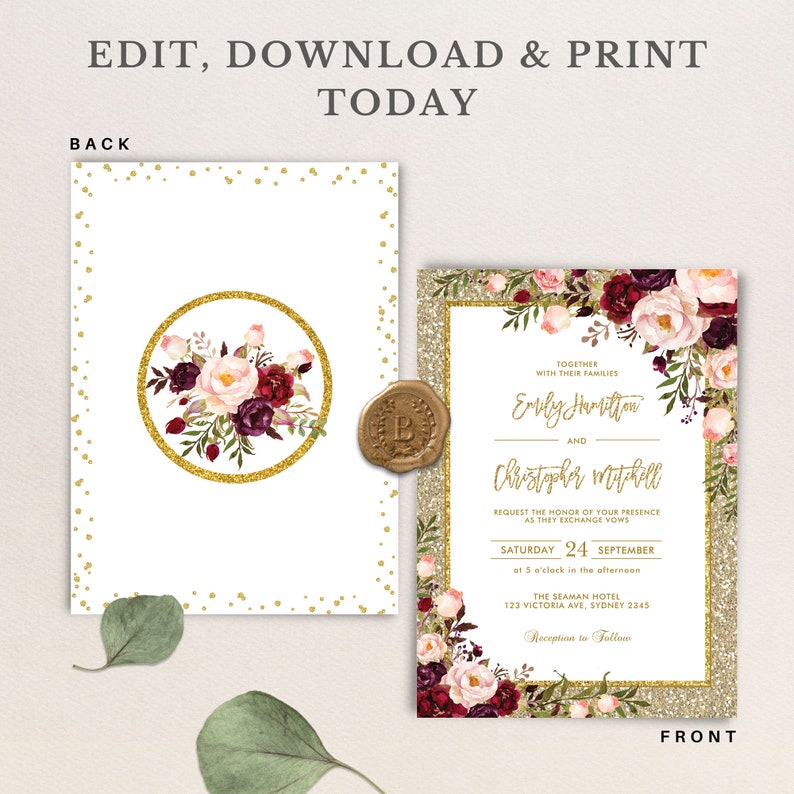 May include: Wedding invitation with gold glitter background and burgundy and blush floral border. The text reads "Together with their families, Emily Hamilton and Christopher Mitchell, request the honor of your presence as they exchange vows, Saturday 24 September at 5 o'clock in the afternoon, The Seaman Hotel, 123 Victoria Ave, Sydney 2345, Reception to Follow."