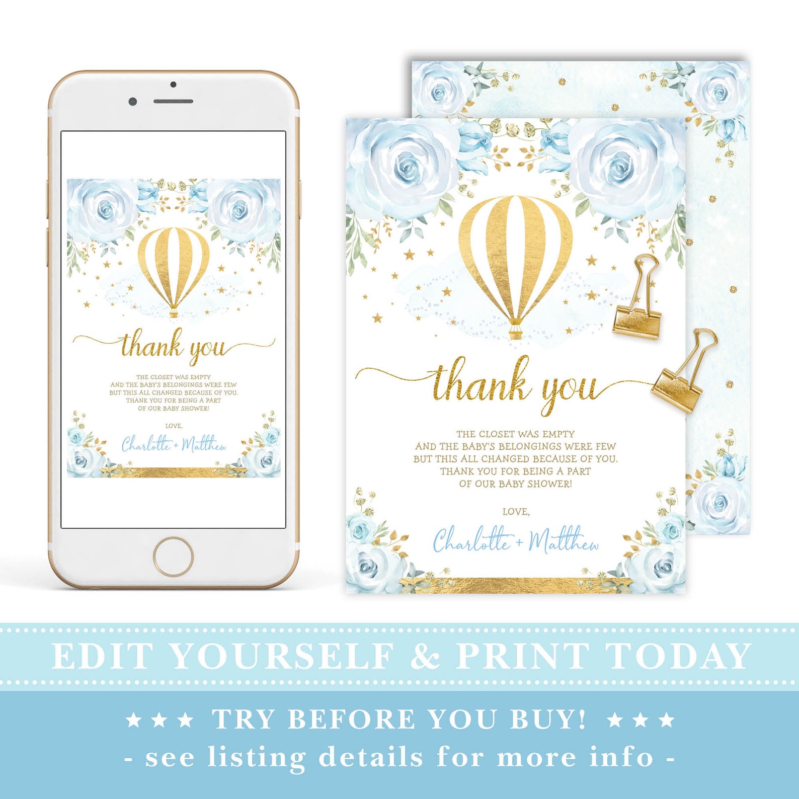 Hot Air Balloon Thank You Card Template, Editable Blue Gold Floral ...