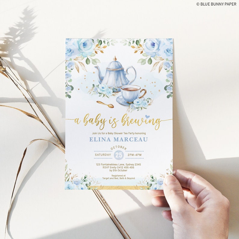 Boy Baby Shower Tea Party Invitation, Baby is Brewing Baby Brunch Invite, Blue Gold Floral Par-Tea Printable Editable Template, FLO43 image 1