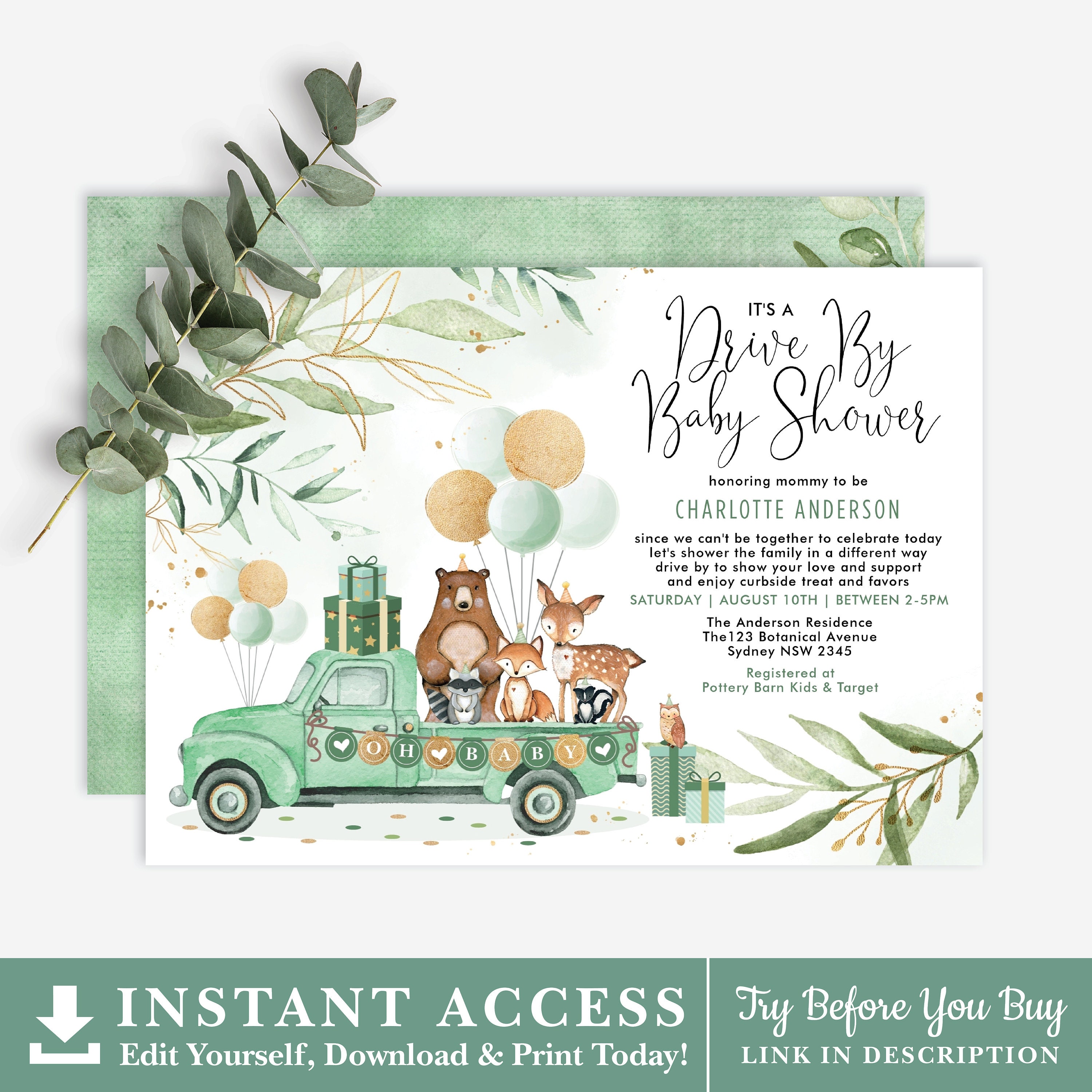 Editable Woodland Drive By Baby Shower Parade Invitation Boy Blue