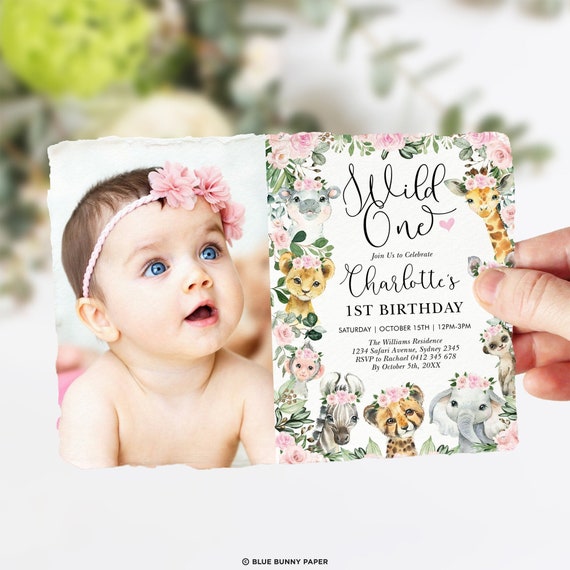 Editable Wild One Girl 1st Birthday Invitation, Floral Safari Animals Party Invite, Pink Flowers Jungle Printable Template Download, JUN16 Il_570xn