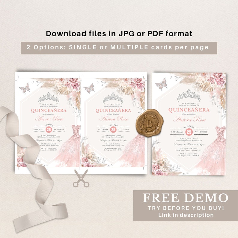 May include: A printable Quincea&ntilde;era invitation featuring a pink dress, butterflies, and floral accents. The text reads "Quincea&ntilde;era Aurora Rose" and includes the date "October 25".