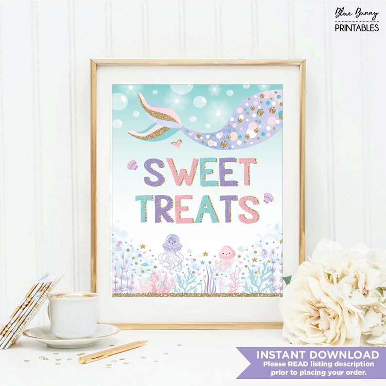 Sweet Treats Sign. Mermaid Candy Bar Table Sign. Under the Sea Ocean Baby Shower Birthday Party Decoration. Purple Pink Gold Glitter. MER6 image 1