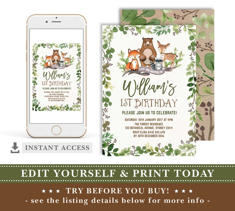 Botanical Woodland 1st Birthday EDITABLE Invitation. Greenery Forest Animals Printable Invite. Deer Fox Bear Raccoon INSTANT DOWNLOAD. BOT5 image 4