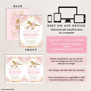 Girl Dinosaur Baby Shower Invitation Template, T-Rex Tutus and Tiaras, Pink Gold Flower Dinosaur Theme Party Invite, EDITABLE DOWNLOAD, DIN4 image 2