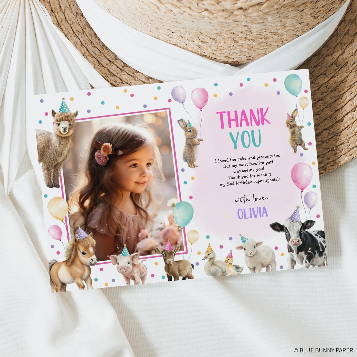 Editable Farm Birthday Thank You Card Pink Farm Animals Girl Birthday ...