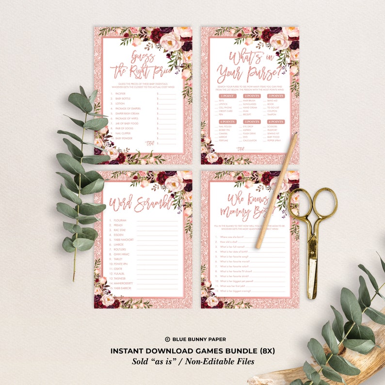 Blush Burgundy Floral Roses Baby Girl INSTANT DOWNLOAD Baby Shower Games Bundle 8x Rose Gold Glitter Party Games Printable FLO37