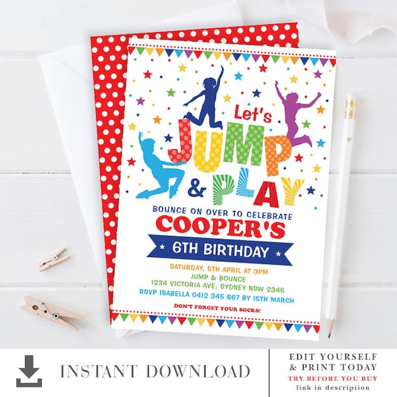 Jump Bounce Play Birthday Invitation Trampoline Party Editable Template Colorful Rainbow Gymnastics Printable Instant Download Jump1 By Blue Bunny Printables Catch My Party Jump Bounce Play Birthday Invitation Trampoline Party Editable Template Colorful Rainbow Gymnastics Printable Instant Download Jump1 By Blue Bunny Printables Catch My Party