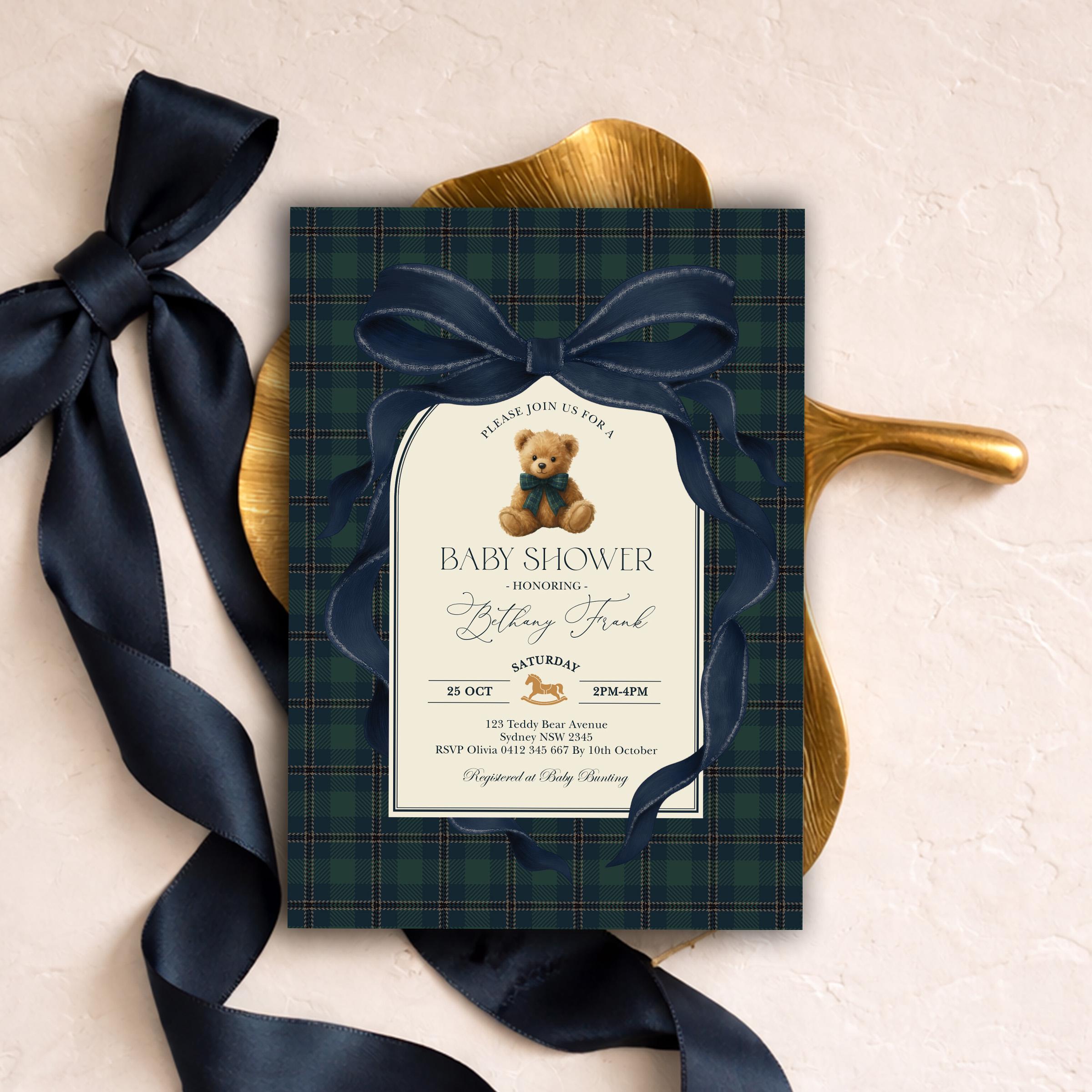 Vintage Polo Teddy Bear Baby Shower Invitation: Navy Equestrian Plaid ...