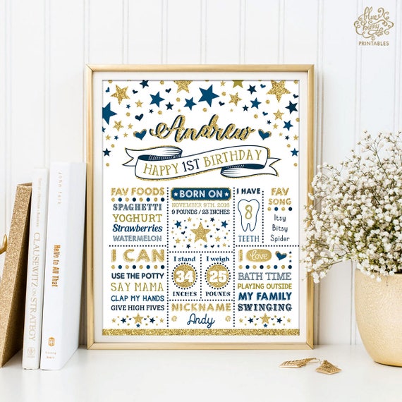 Navy Gold First Birthday Chalkboard Poster. Twinkle Little Star 1st Birthday Milestone Stats Printable. Boy Birthday Sign Nursery Decor. TT5 Il_570xn
