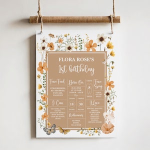 Puede incluir: Un póster de primer cumpleaños personalizado con un diseño floral. El póster presenta el nombre "Flora Rose" y detalles como comidas favoritas, fecha de nacimiento, peso (13,6 kg) y altura (45,7 cm). Decorado con mariposas y flores.