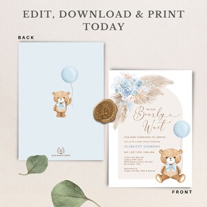 Teddy Bear Baby Shower Invitation, We Can Bearly Wait Baby Boy Editable Template, BR11 image 4