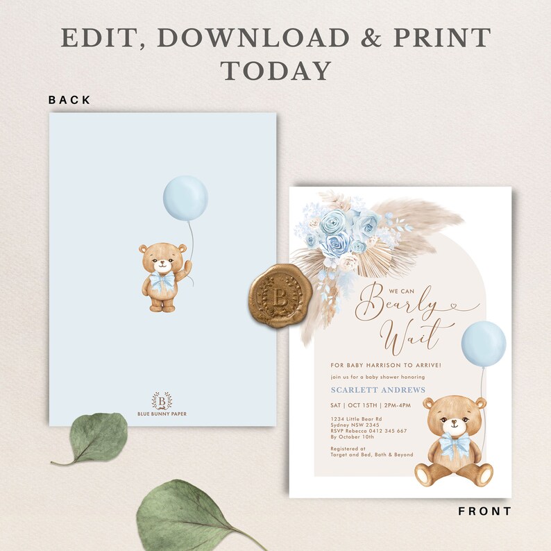 Teddy Bear Baby Shower Invitation, We Can Bearly Wait Baby Boy Editable Template, BR11 image 4