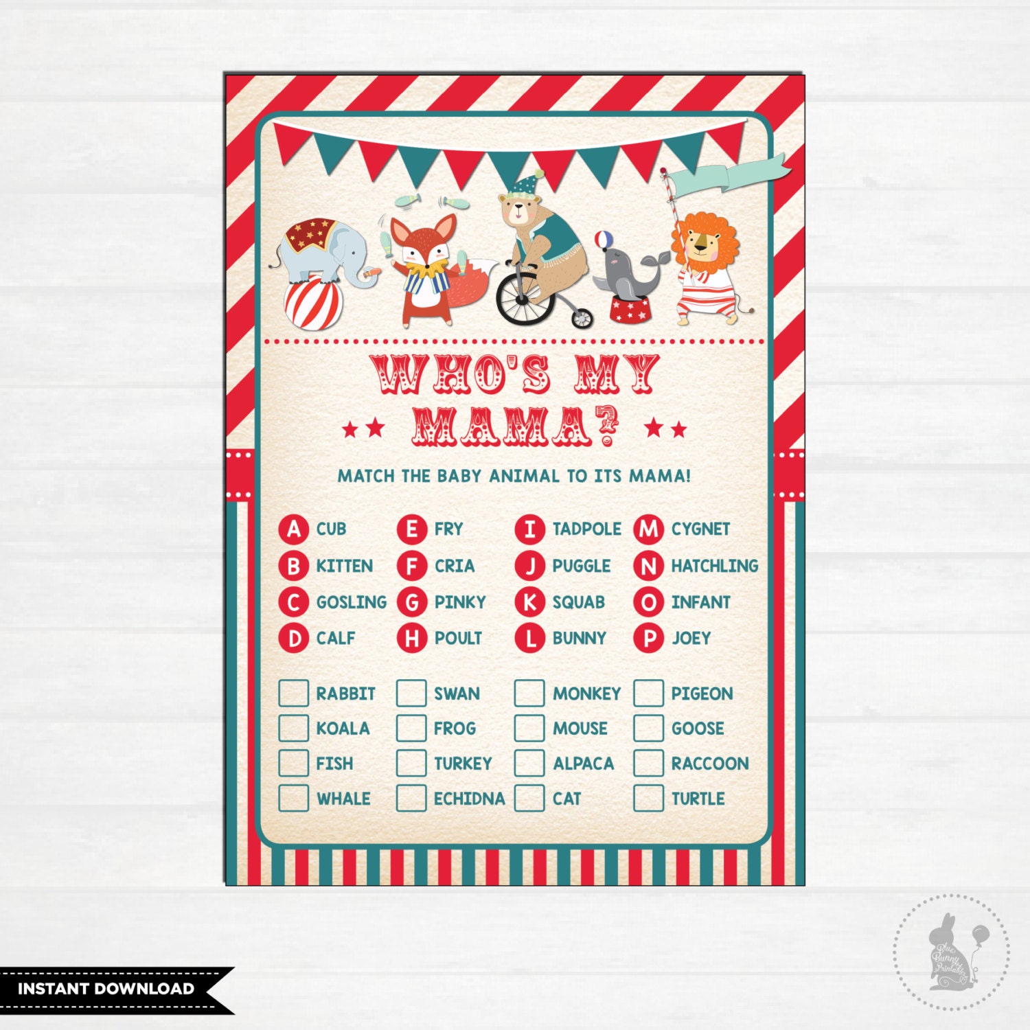 Circus BABY SHOWER GAME. Carnival Themed Match Baby Animals - Etsy New  Zealand